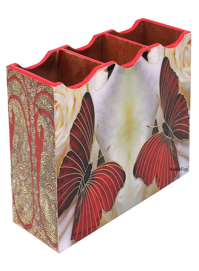 KolorFish MDF Wooden Cutlery Stand Holder with Special Enamel Coating and 3D Gold Foiling Work for Dining Table and Kitchen (Red Butterfly - Gold Series) - Image 2